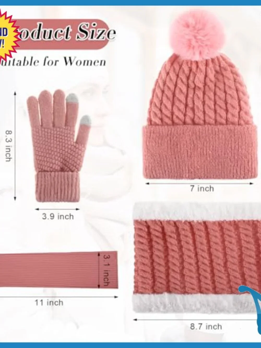 Winter Beanie Scarf Gloves Set Fleece Touch Screen One Size
